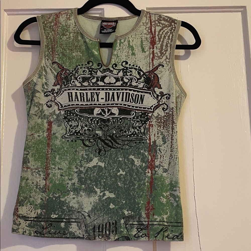 Harley-Davidson Green and Red Distressed Graphic Sleeveless Top